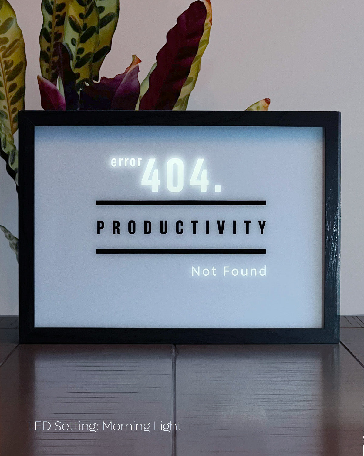 LED Light-up frame featuring the word 'Productivity' with a humorous twist: when illuminated, it reveals the message 'Error 404. Productivity Not Found.' Perfect for workspaces with a touch of sarcasm and wit.