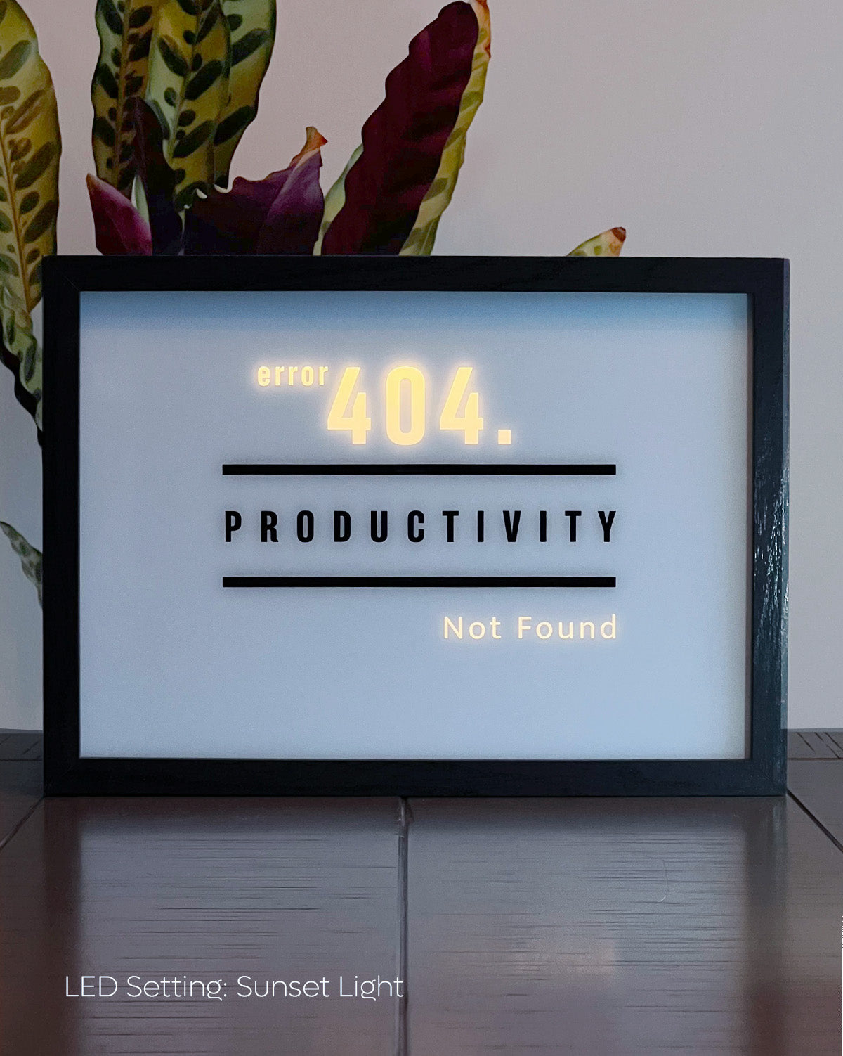 LED Light-up frame featuring the word 'Productivity' with a humorous twist: when illuminated, it reveals the message 'Error 404. Productivity Not Found.' Perfect for workspaces with a touch of sarcasm and wit.