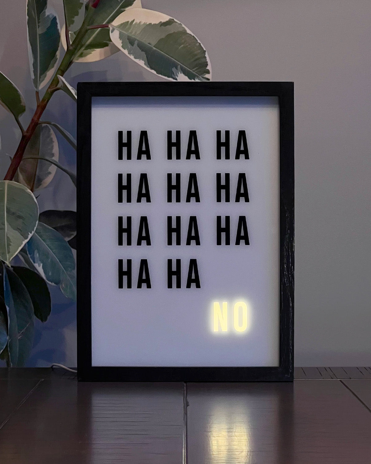 Humorous LED light-up box frame with the quote 'HA HA HA' that transforms to reveal the word 'NO' when lit, set against a modern plant background.